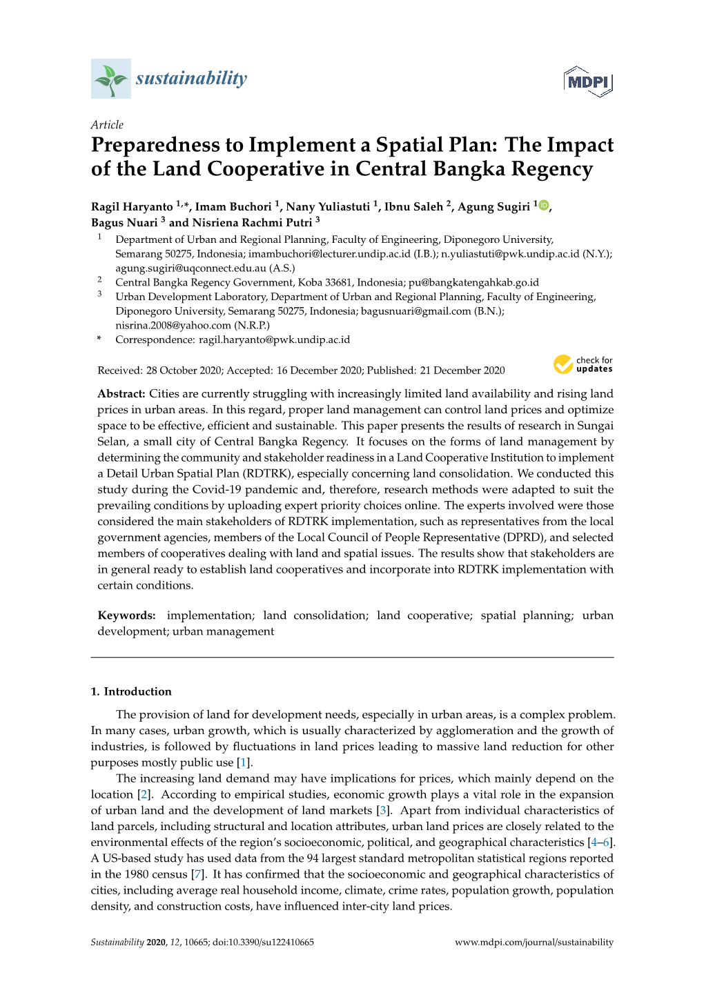 Preparedness to Implement a Spatial Plan: the Impact of the Land Cooperative in Central Bangka Regency