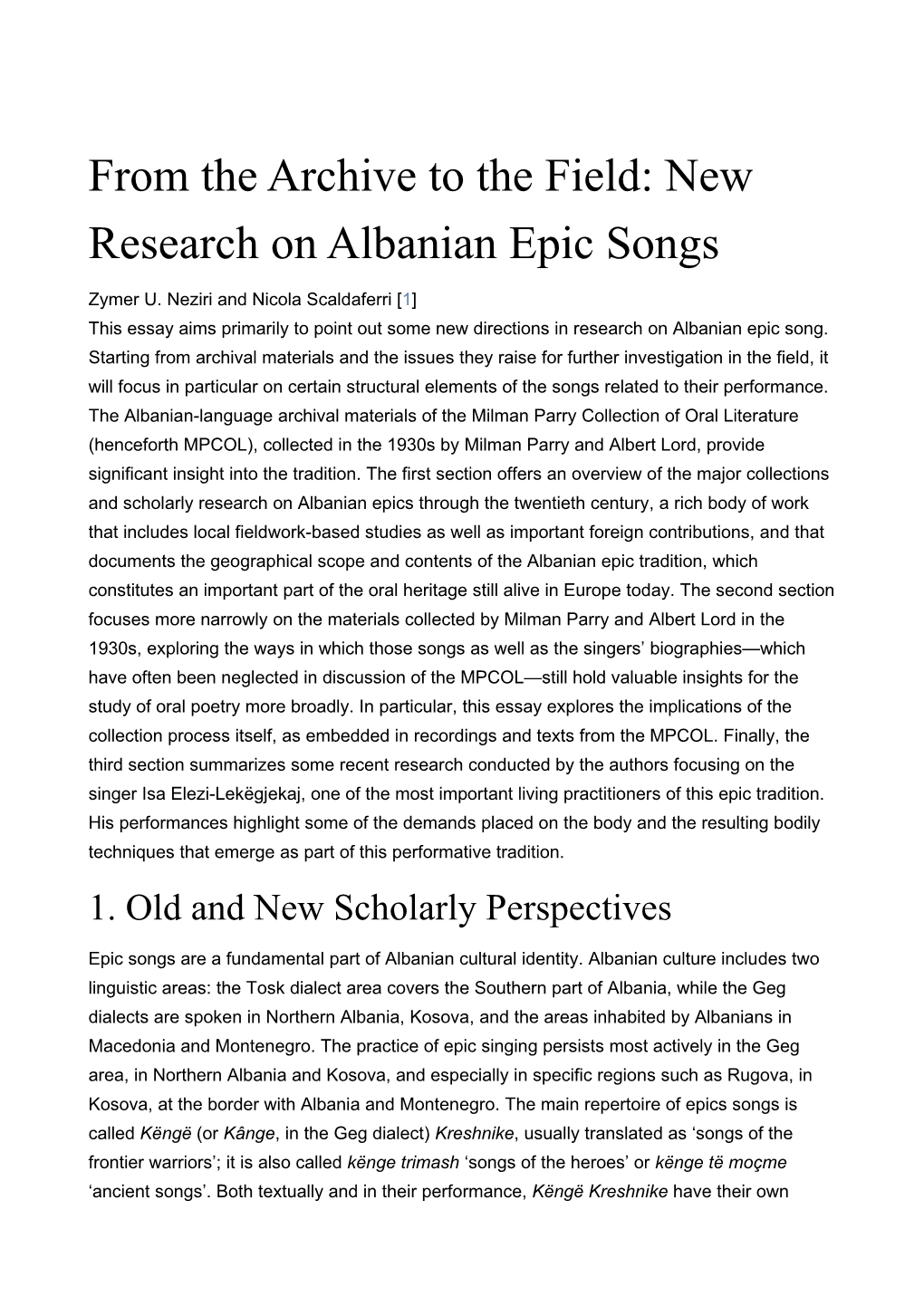 From the Archive to the Field: New Research on Albanian Epic Songs