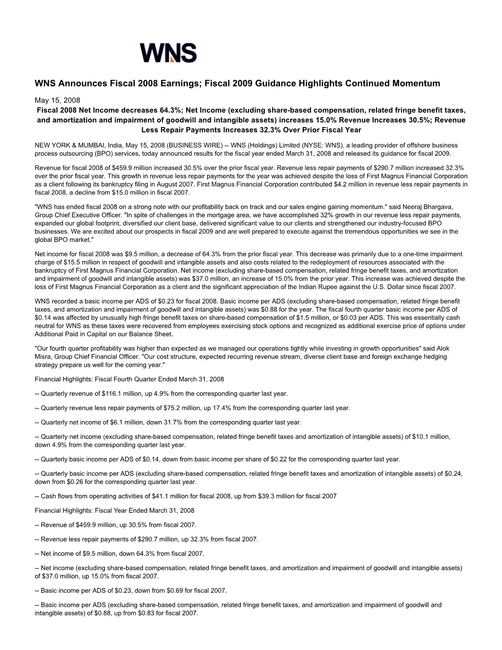 WNS Announces Fiscal 2008 Earnings; Fiscal 2009 Guidance Highlights Continued Momentum