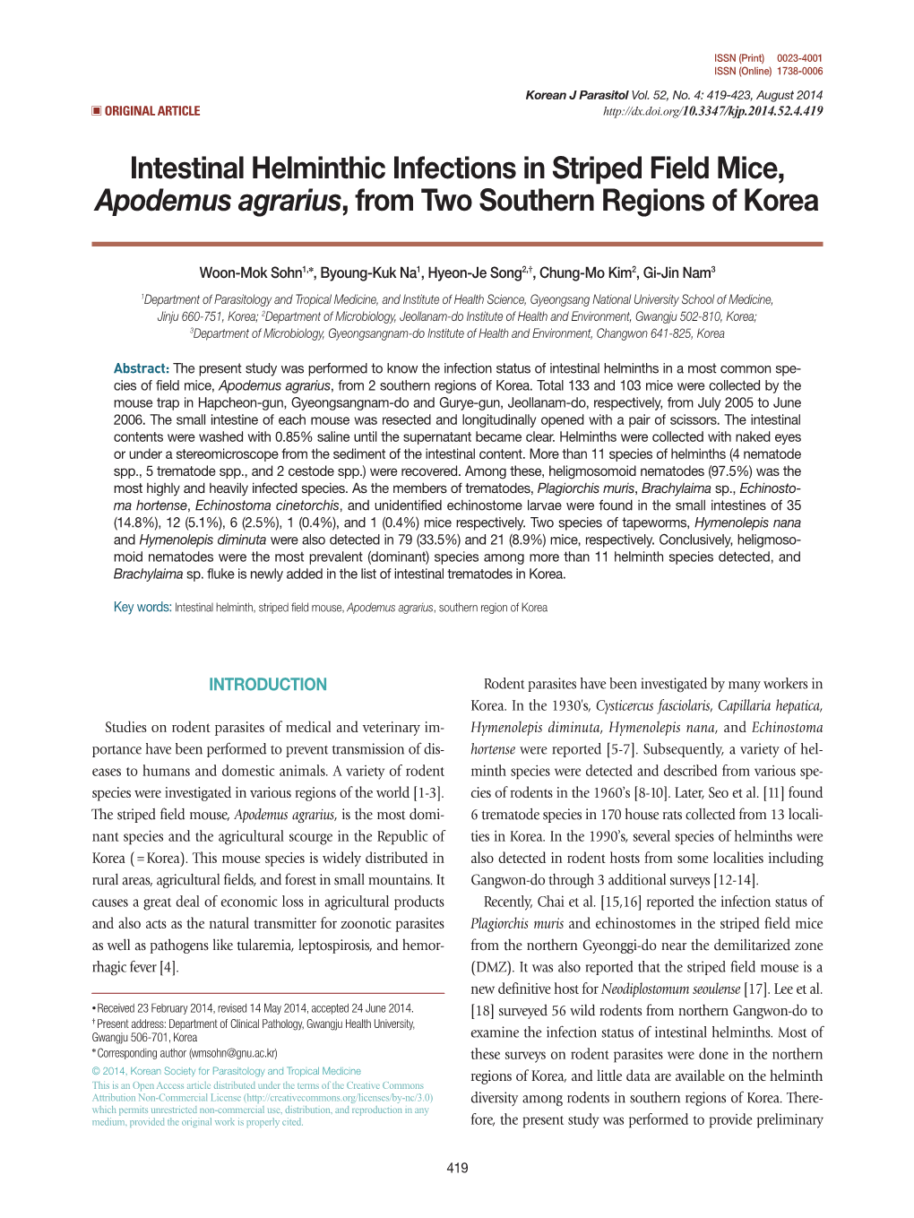 Intestinal Helminthic Infections in Striped Field Mice, Apodemus Agrarius, from Two Southern Regions of Korea