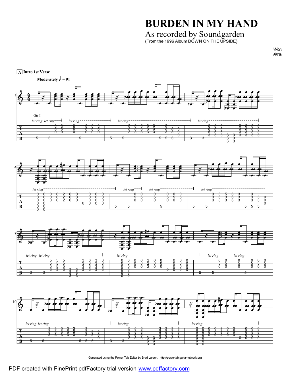 BURDEN in MY HAND As Recorded by Soundgarden (From the 1996 Album DOWN on the UPSIDE) Words and Music by Chris Cornell Arranged by Soundgarden