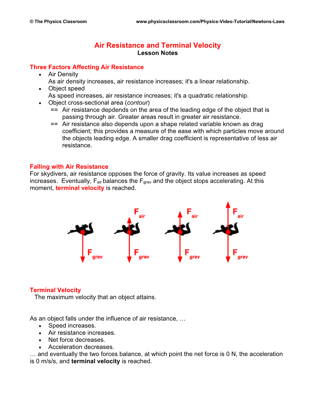 Air Resistance and Terminal Velocity Lesson Notes