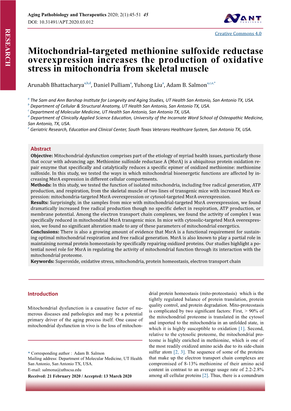 Mitochondrial-Targeted Methionine Sulfoxide Reductase Overexpression Increases the Production of Oxidative Stress in Mitochondria from Skeletal Muscle