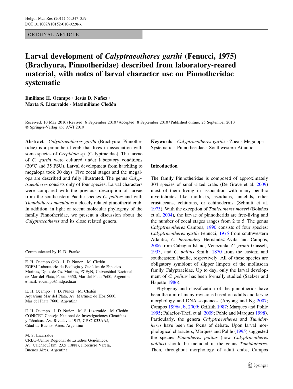 Larval Development of Calyptraeotheres Garthi (Fenucci