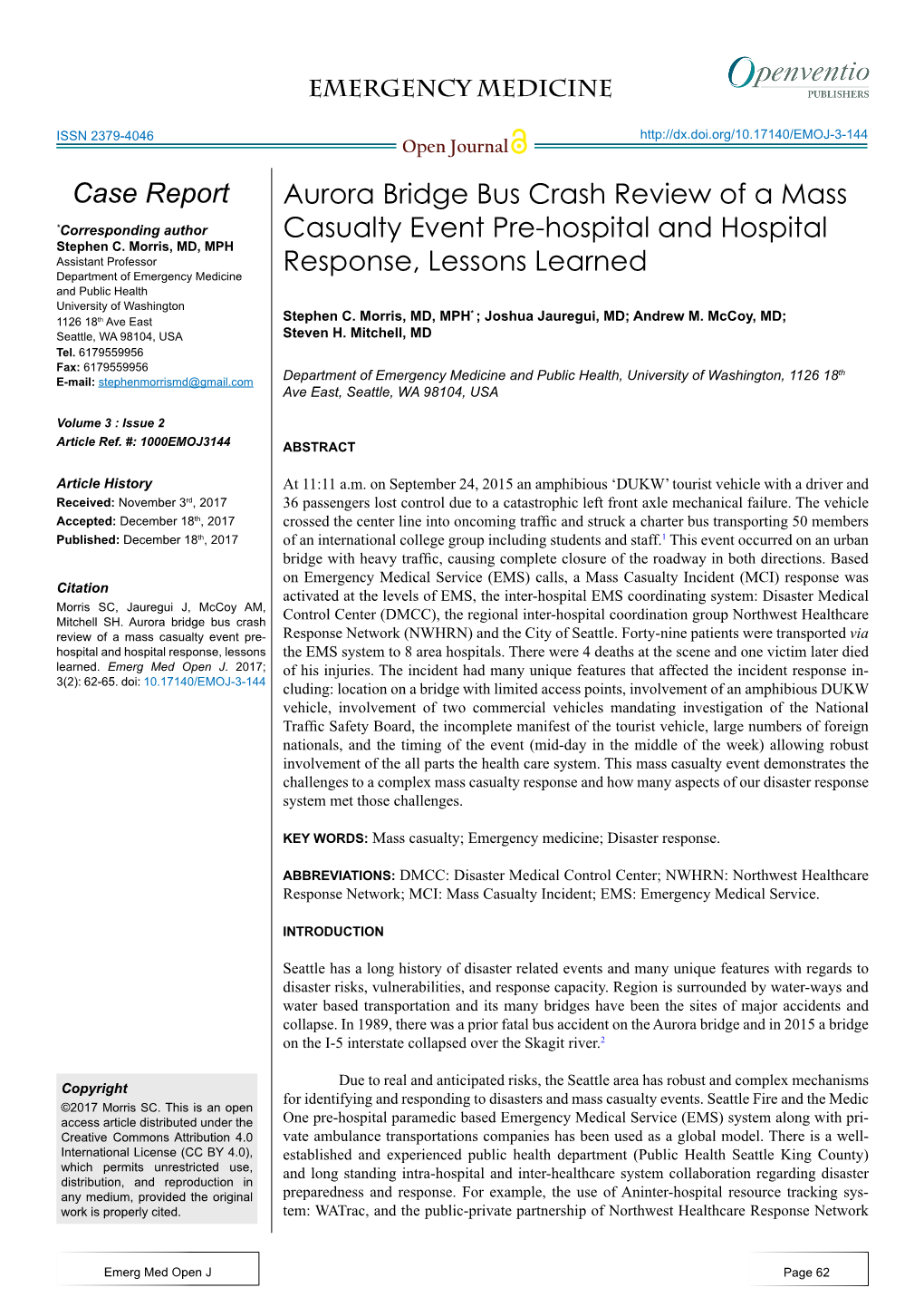 Aurora Bridge Bus Crash Review of a Mass Casualty Event Pre-Hospital