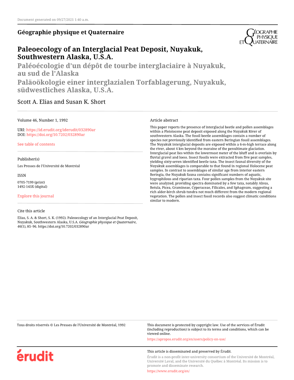 Paleoecology of an Interglacial Peat Deposit, Nuyakuk, Southwestern Alaska, U.S.A