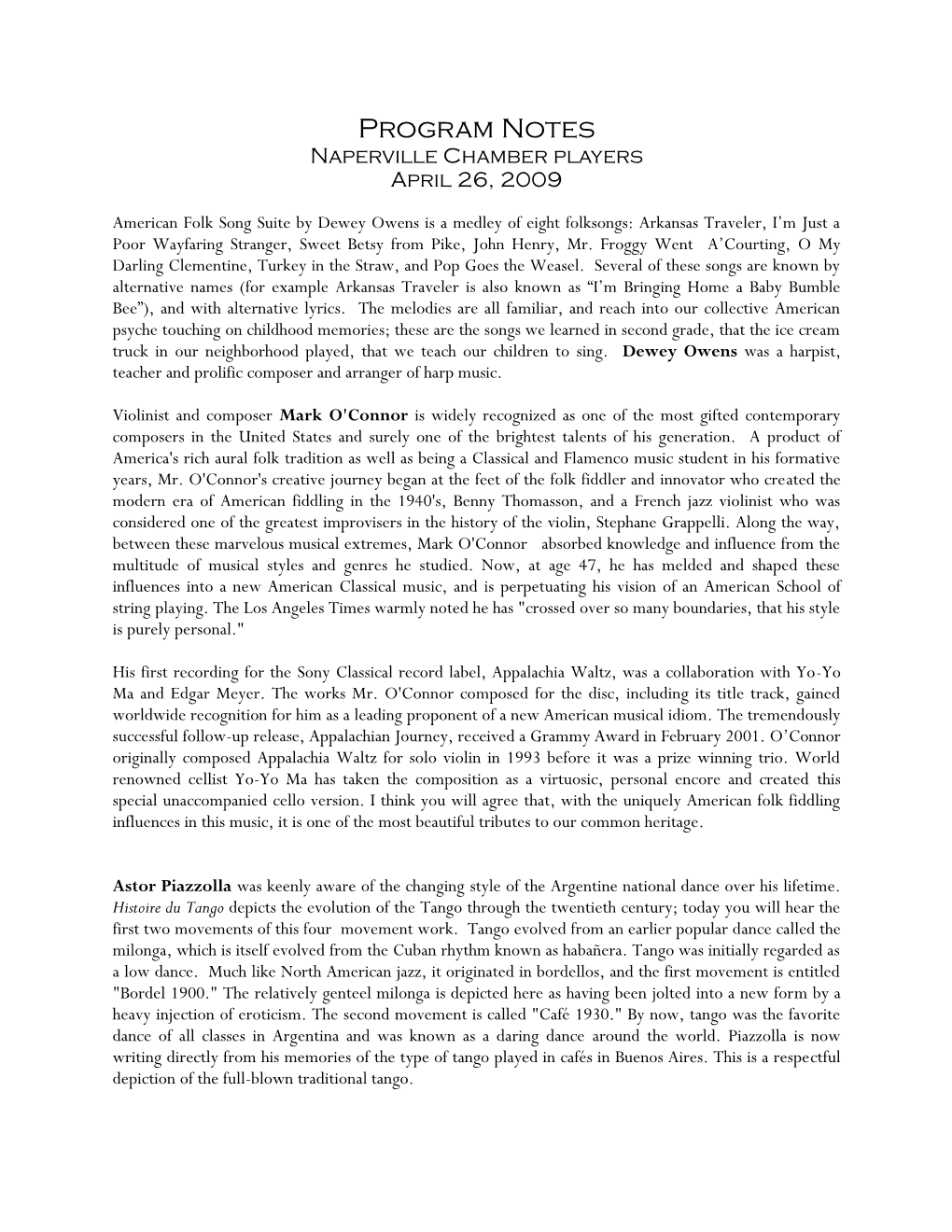 Program Notes Naperville Chamber Players April 26, 2009