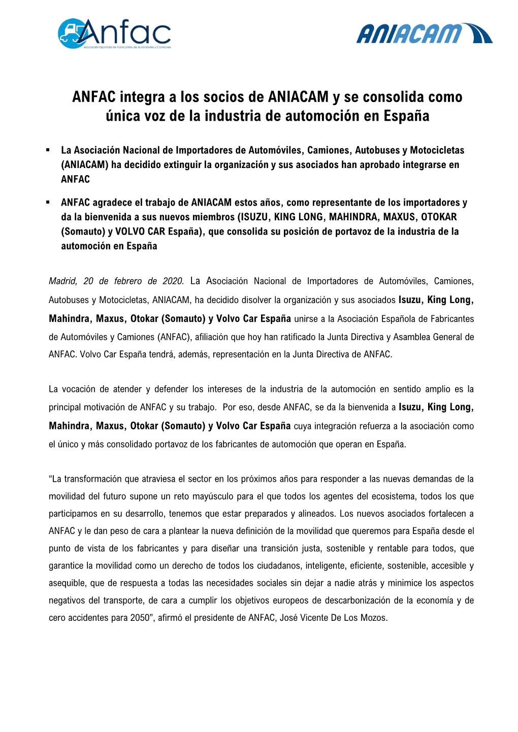 ANFAC Integra a Los Socios De ANIACAM Y Se Consolida Como Única Voz De La Industria De Automoción En España