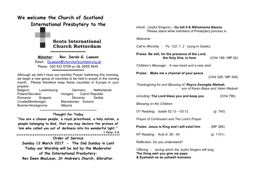 We Welcome the Church of Scotland International Presbytery To