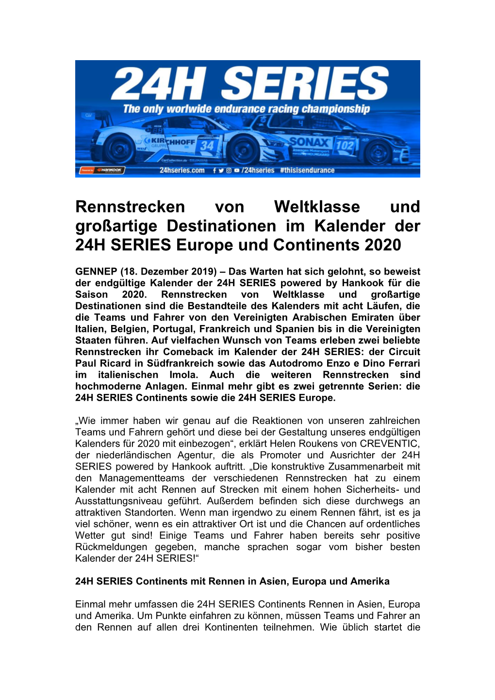 Rennstrecken Von Weltklasse Und Großartige Destinationen Im Kalender Der 24H SERIES Europe Und Continents 2020