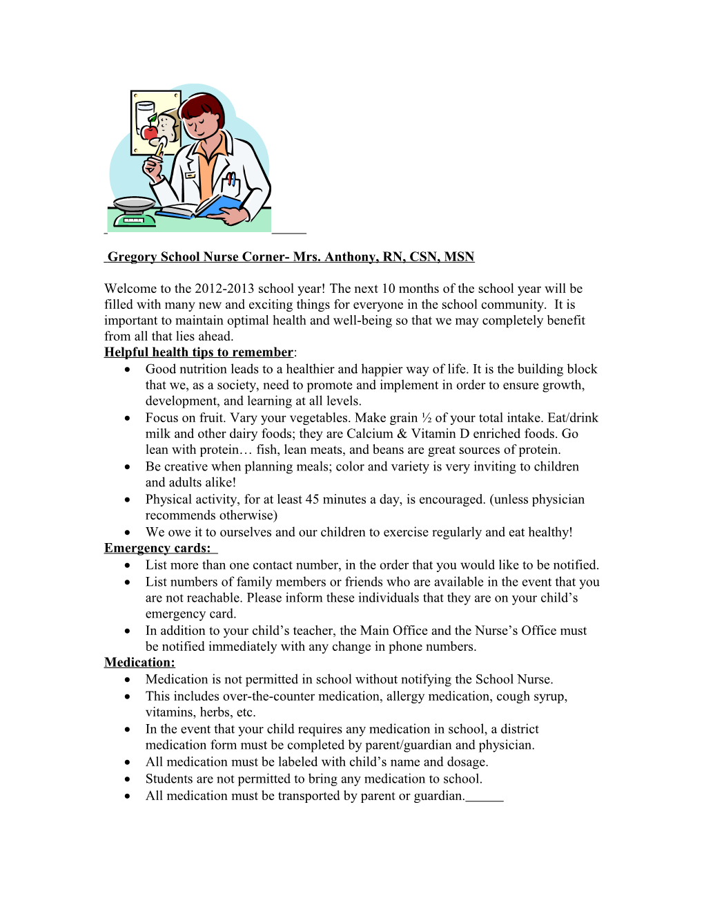 School Nurse Corner- Mrs