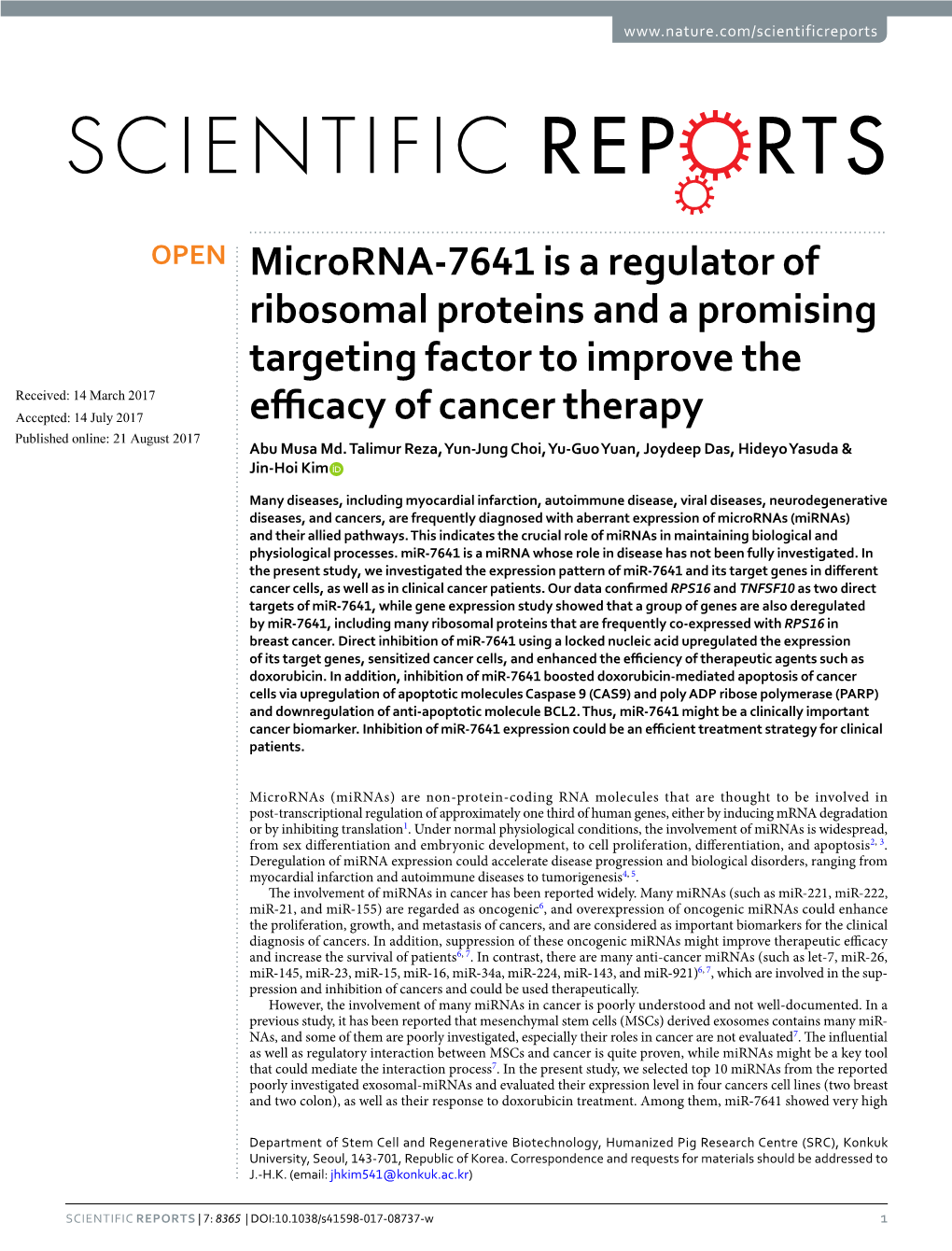 Microrna-7641 Is a Regulator of Ribosomal Proteins and a Promising