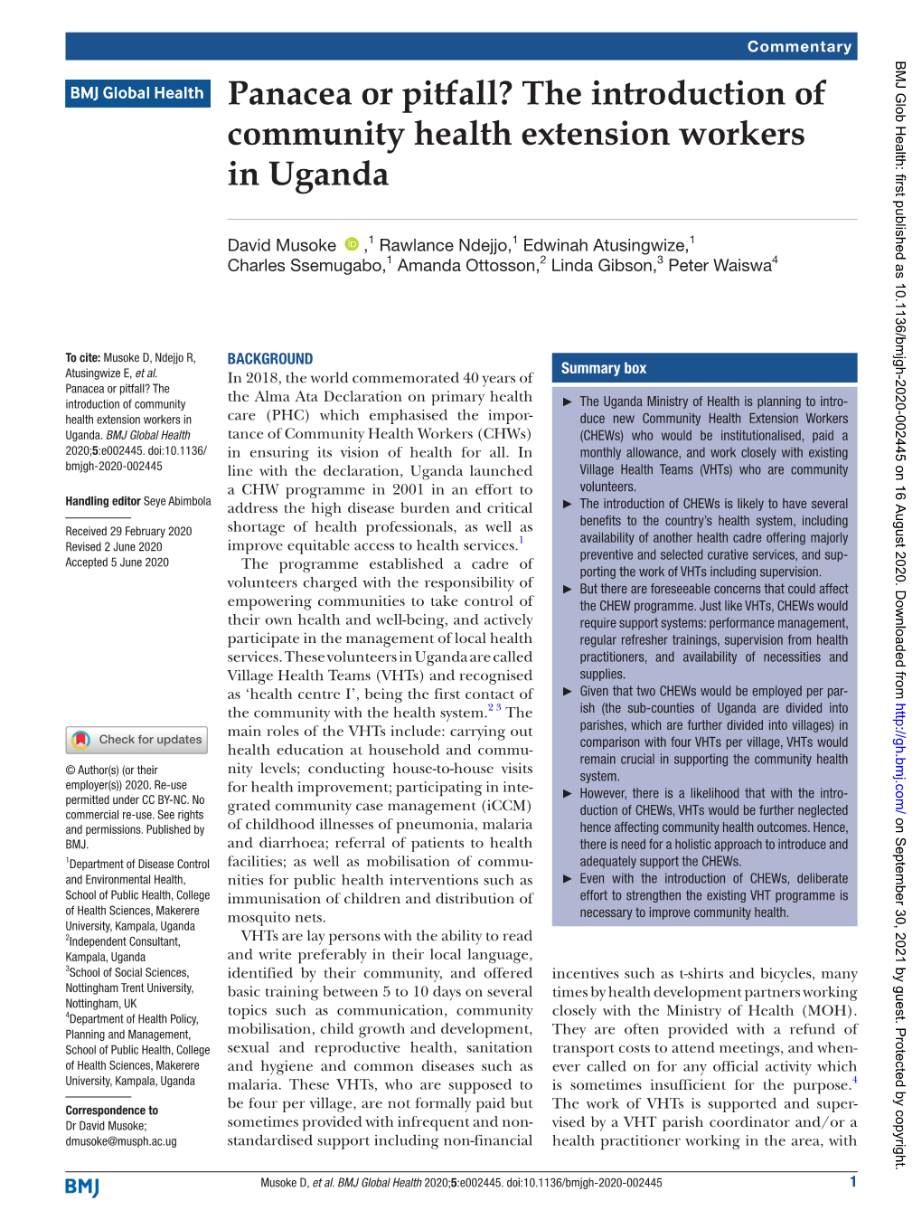 The Introduction of Community Health Extension Workers in Uganda