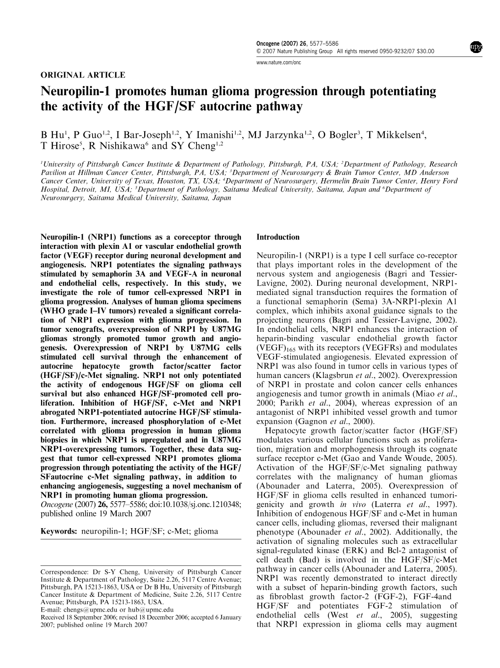 Neuropilin-1 Promotes Human Glioma Progression Through Potentiating the Activity of the HGF/SF Autocrine Pathway