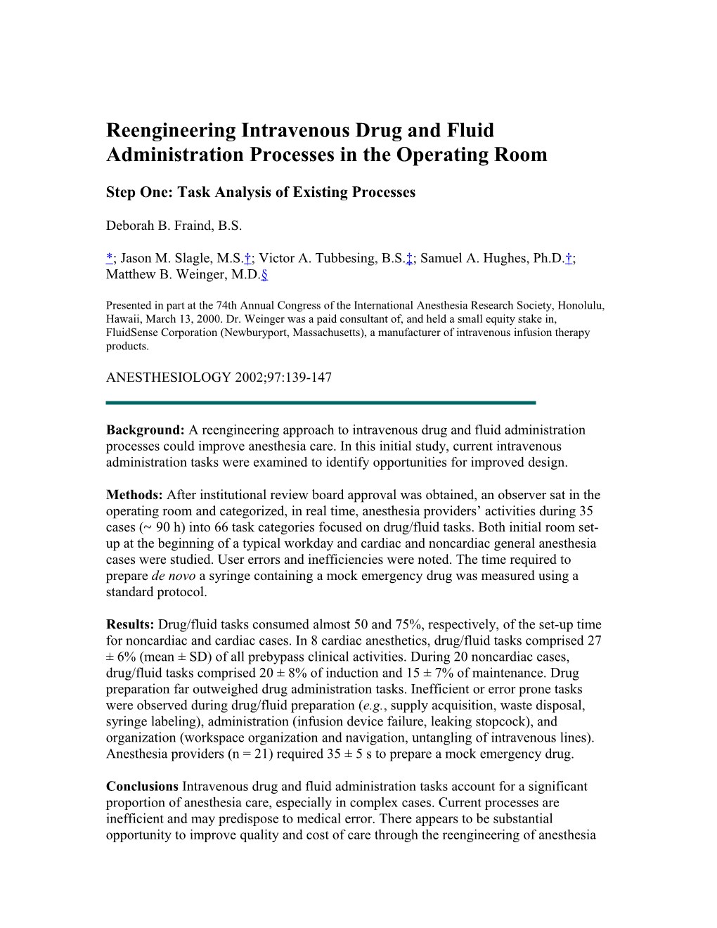 Reengineering Intravenous Drug and Fluid Administration Processes in the Operating Room