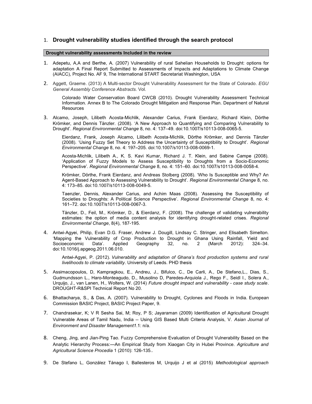 Drought Vulnerability Assessments Included in the Review