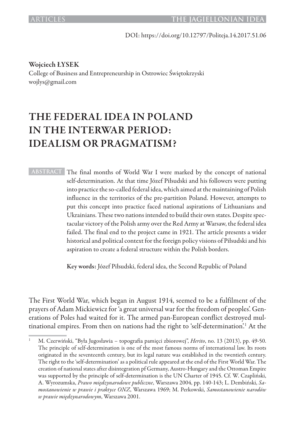 The Federal Idea in Poland in the Interwar Period: Idealism Or Pragmatism?