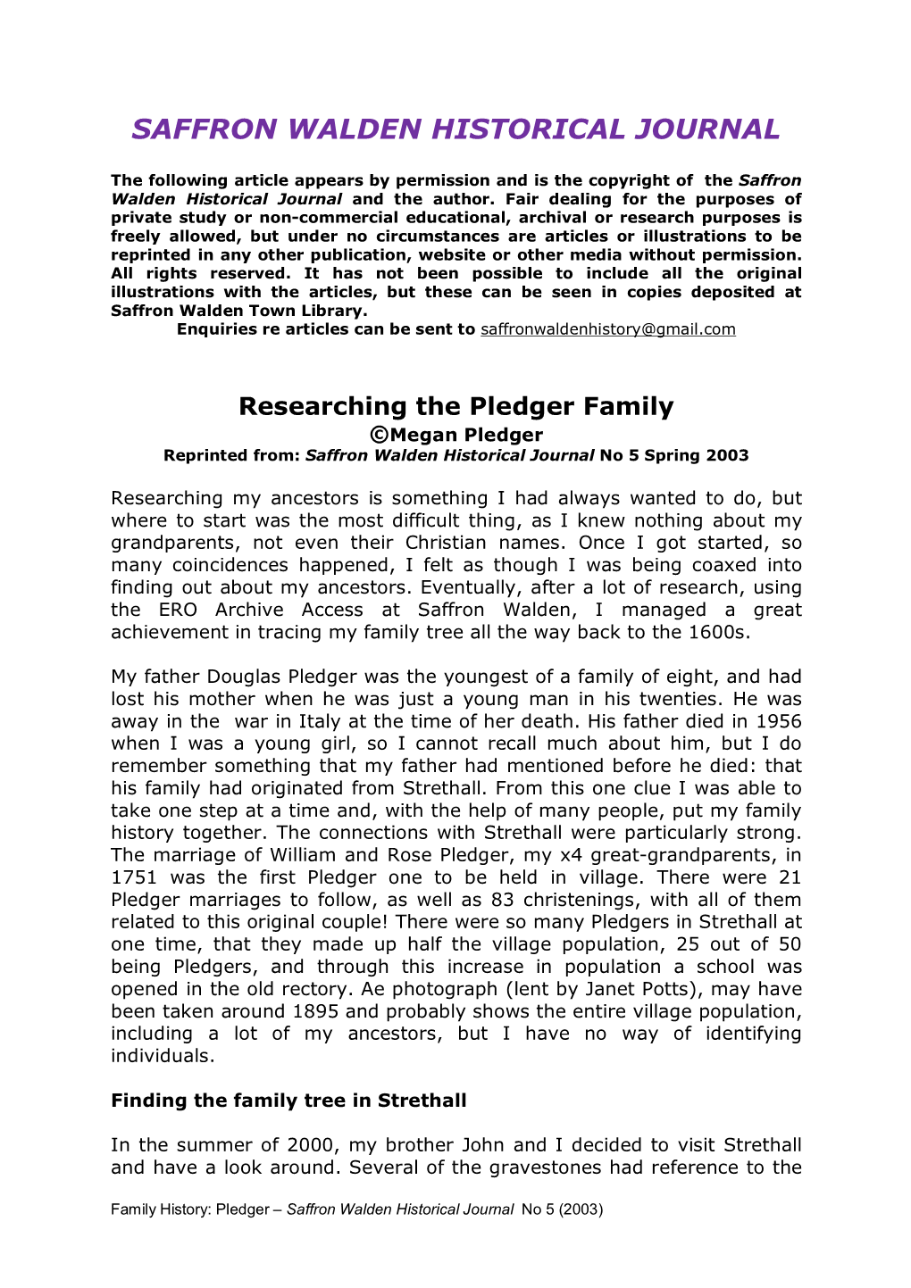 Pledger Family ©Megan Pledger Reprinted From: Saffron Walden Historical Journal No 5 Spring 2003