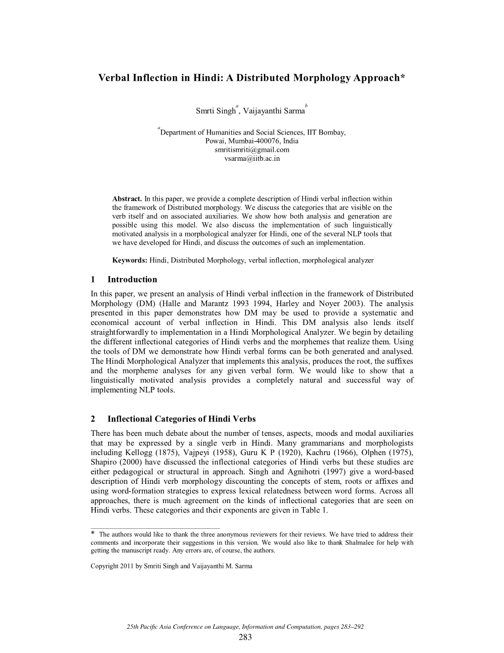 Verbal Inflection in Hindi: a Distributed Morphology Approach*