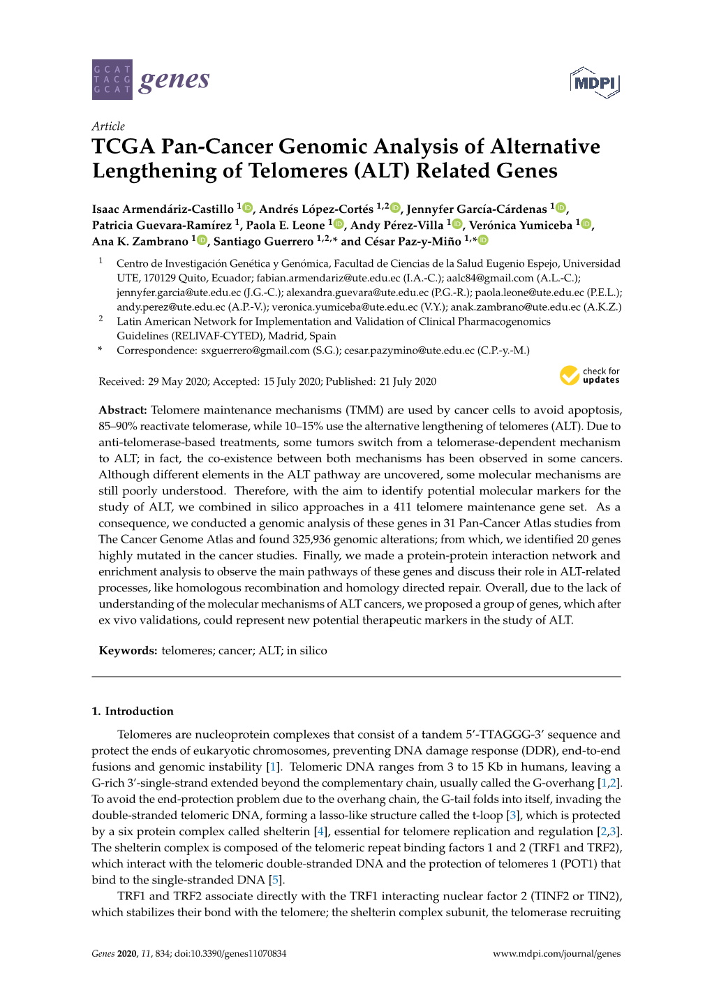 TCGA Pan-Cancer Genomic Analysis of Alternative Lengthening of Telomeres (ALT) Related Genes