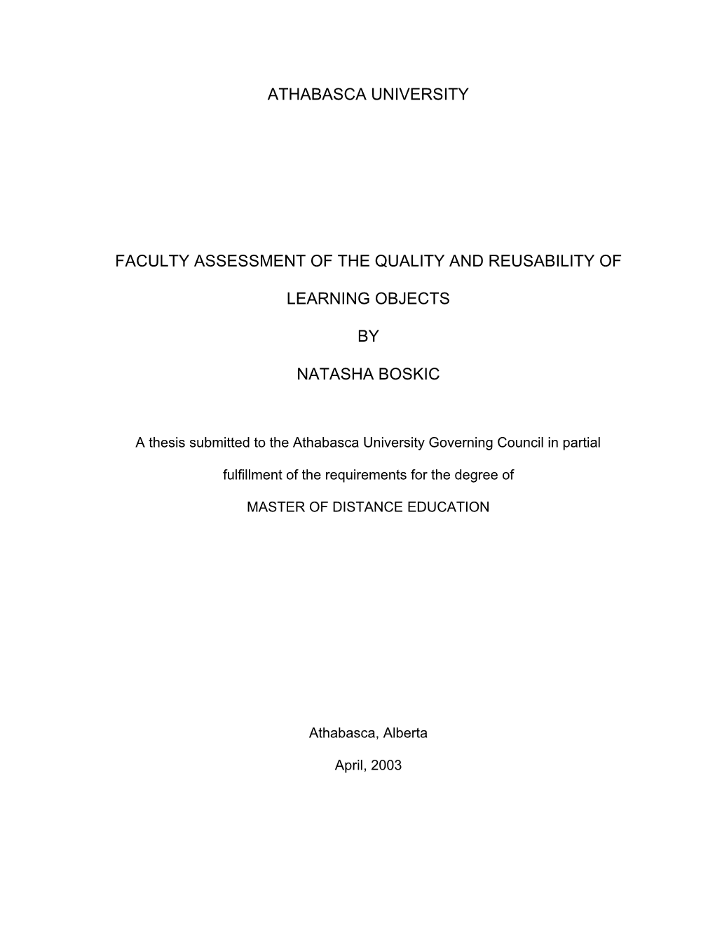 Athabasca University Faculty Assessment of the Quality