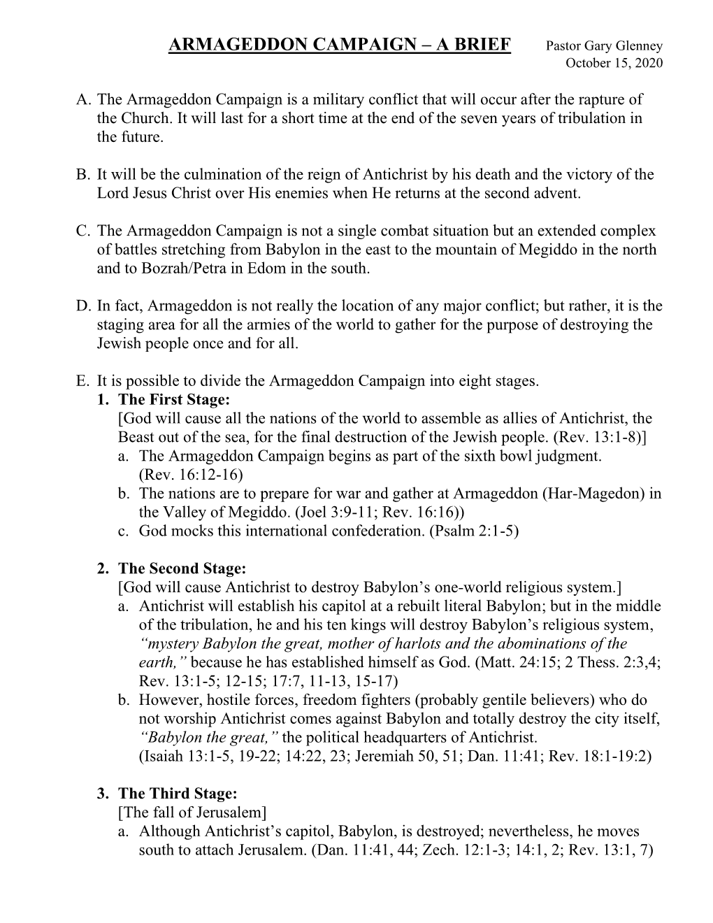 ARMAGEDDON CAMPAIGN – a BRIEF Pastor Gary Glenney October 15, 2020