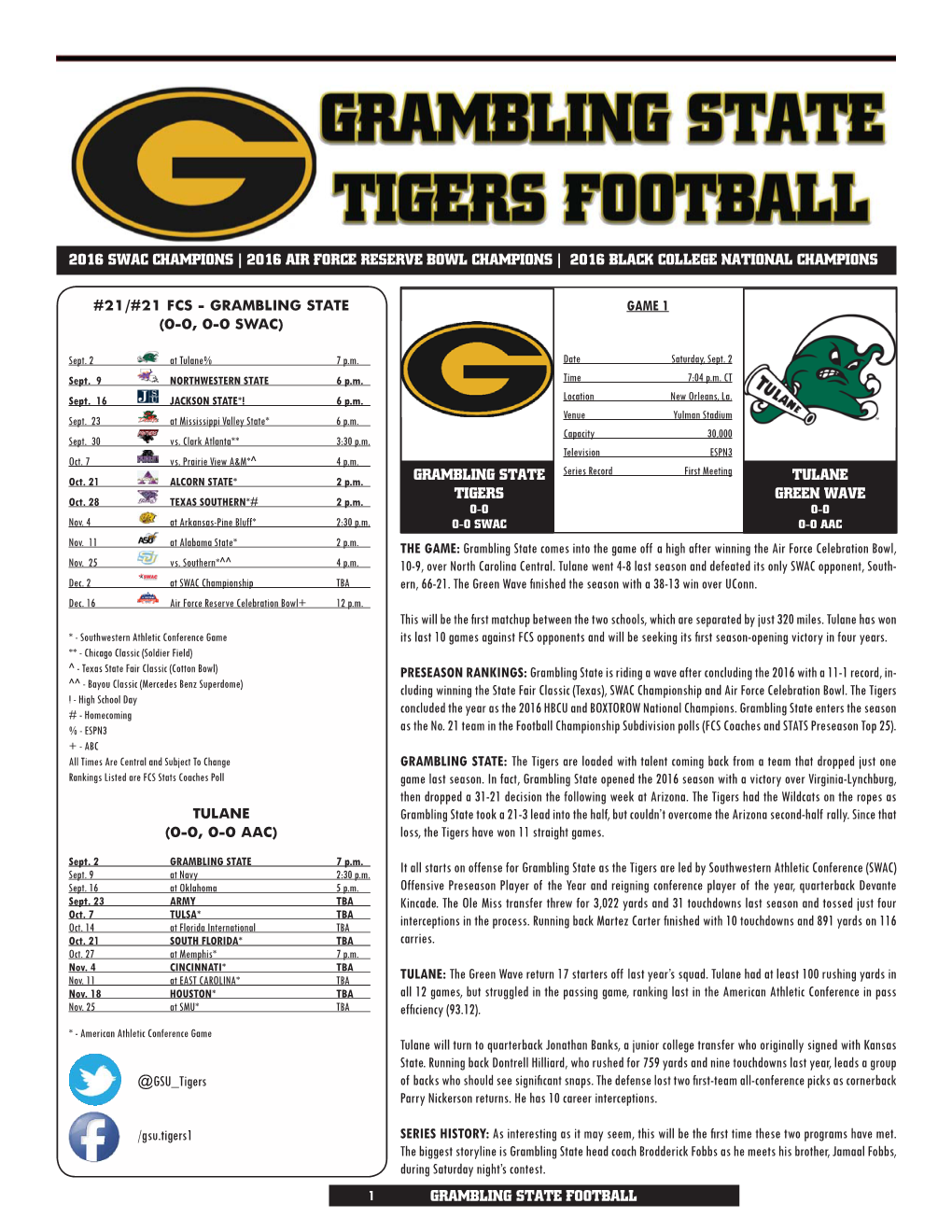 GRAMBLING STATE FOOTBALL GRAMBLING STATE TIGERS TULANE GREEN WAVE GAME 1 the GAME: Grambling State Comes Into the Game Off A