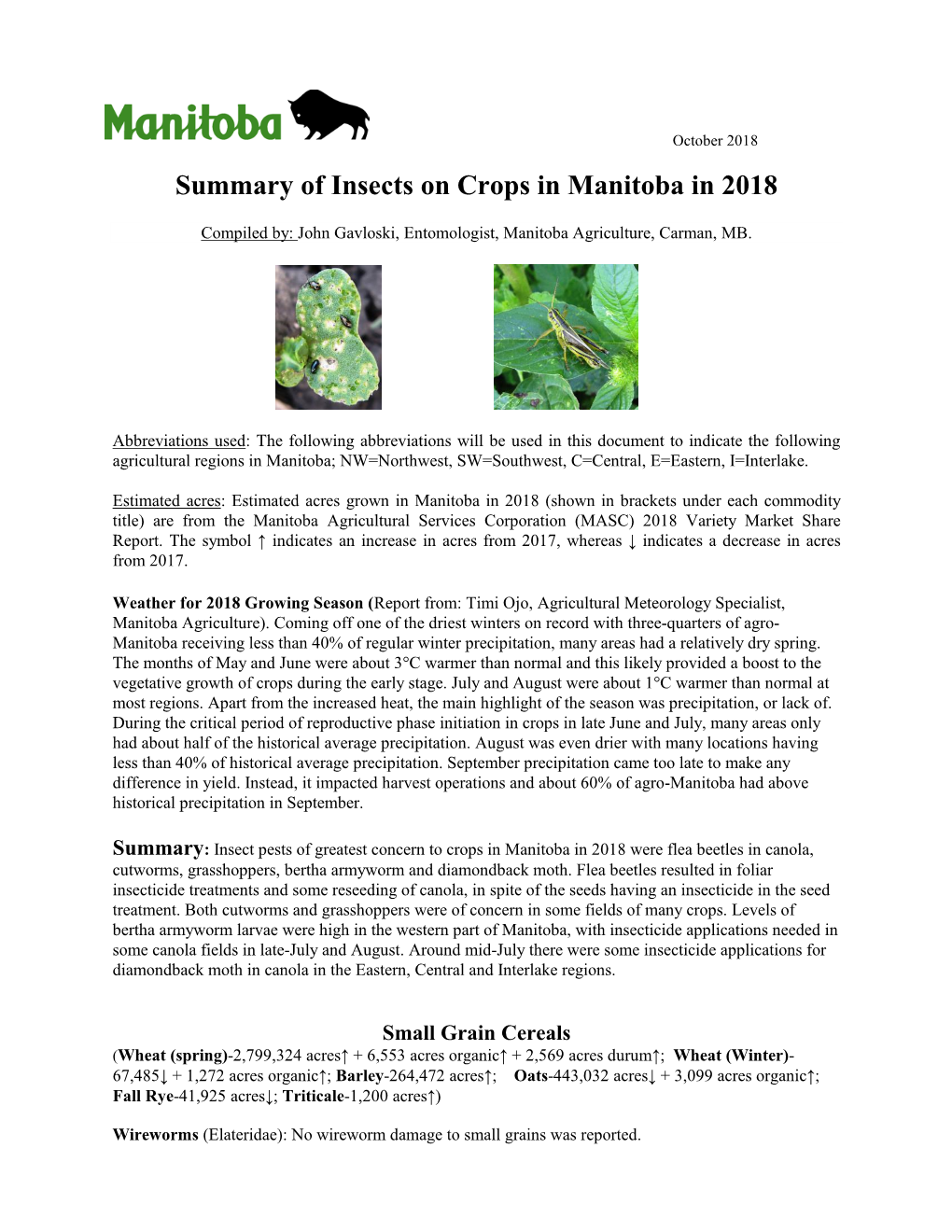 Summary of Insects on Crops in Manitoba in 2018