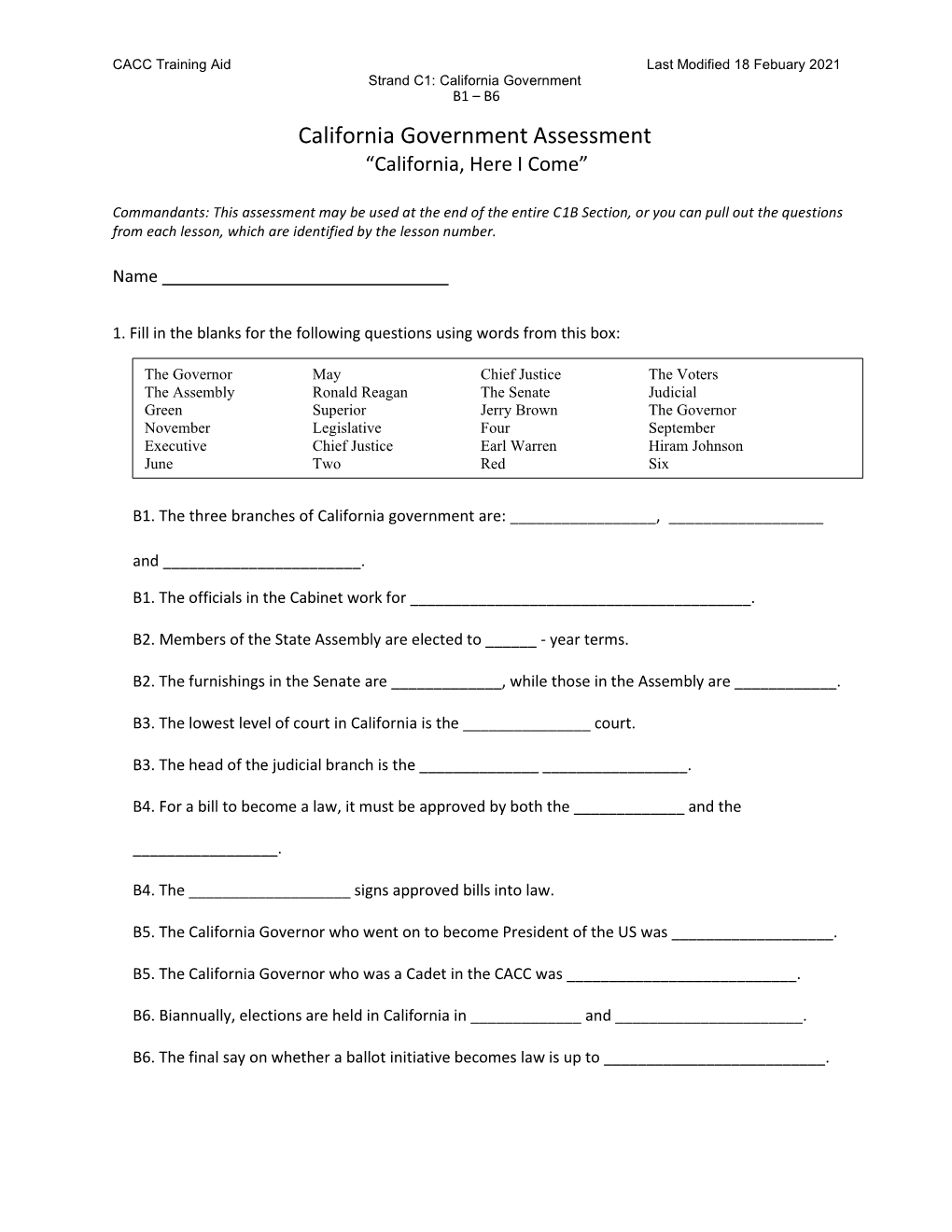 California Government Assessment “California, Here I Come”