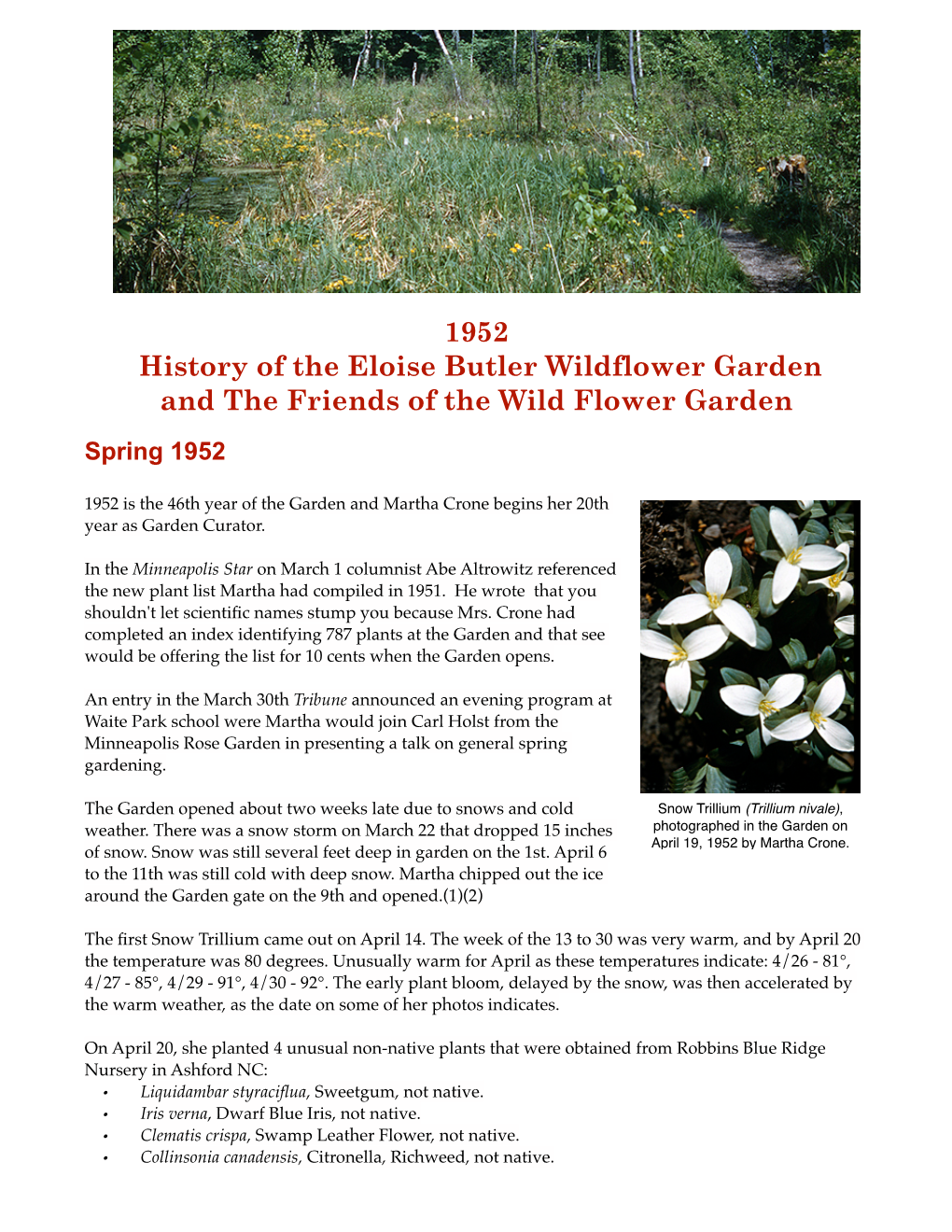1952 History of the Eloise Butler Wildflower Garden and the Friends of the Wild Flower Garden Spring 1952