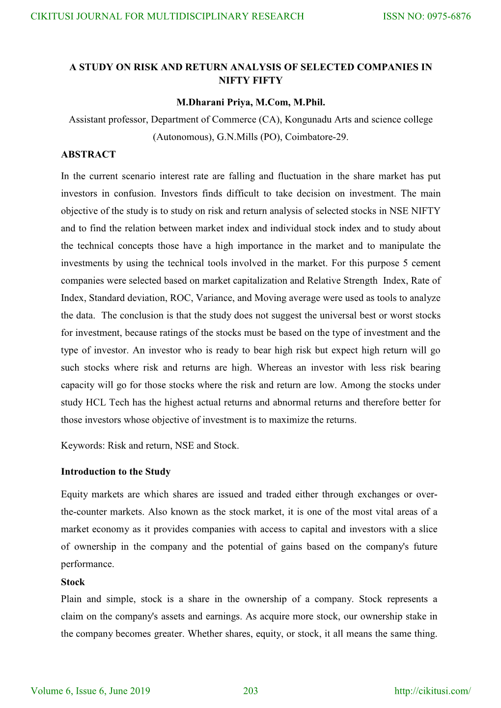 A Study on Risk and Return Analysis of Selected Companies in Nifty Fifty