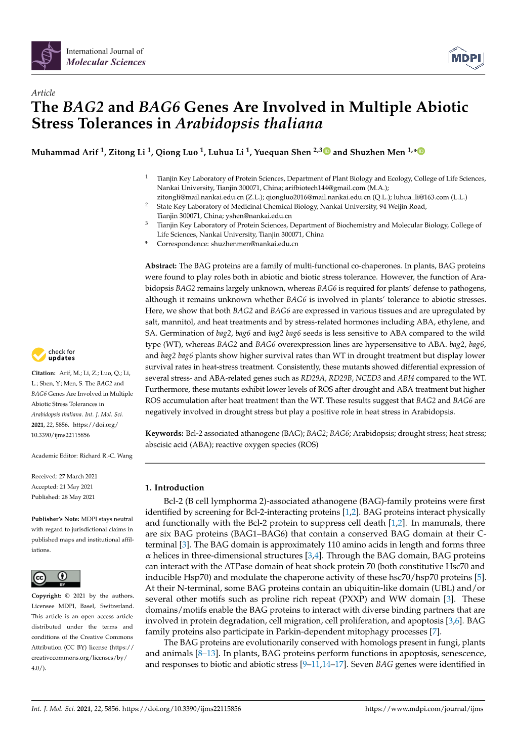 The BAG2 and BAG6 Genes Are Involved in Multiple Abiotic Stress Tolerances in Arabidopsis Thaliana