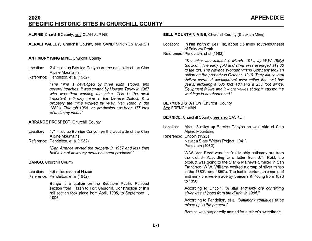 Specific Historic Sites, Churchill County