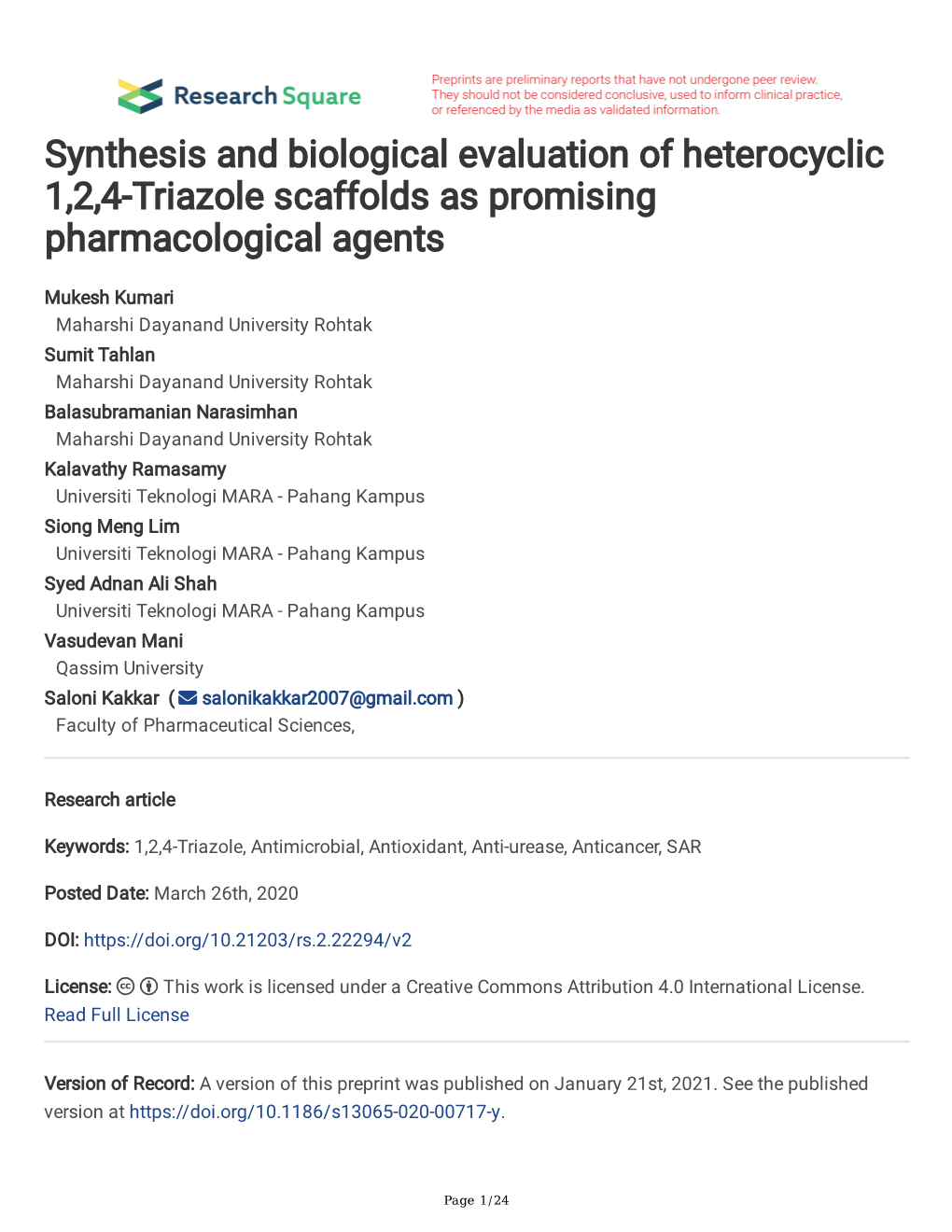 Synthesis and Biological Evaluation of Heterocyclic 1,2,4-Triazole Scaffolds As Promising Pharmacological Agents