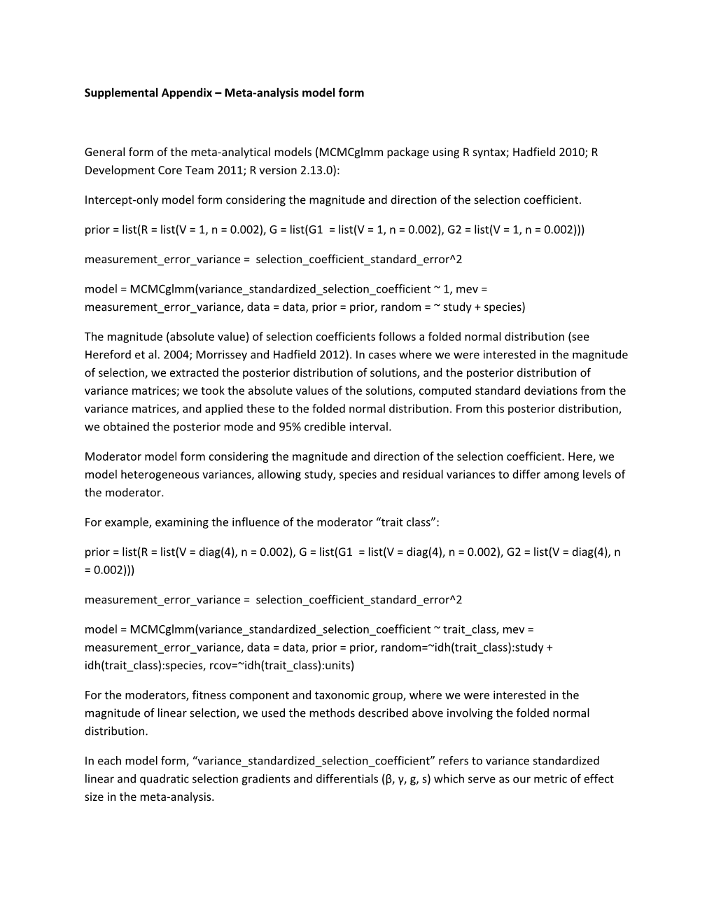 Supplemental Appendix Meta-Analysis Model Form