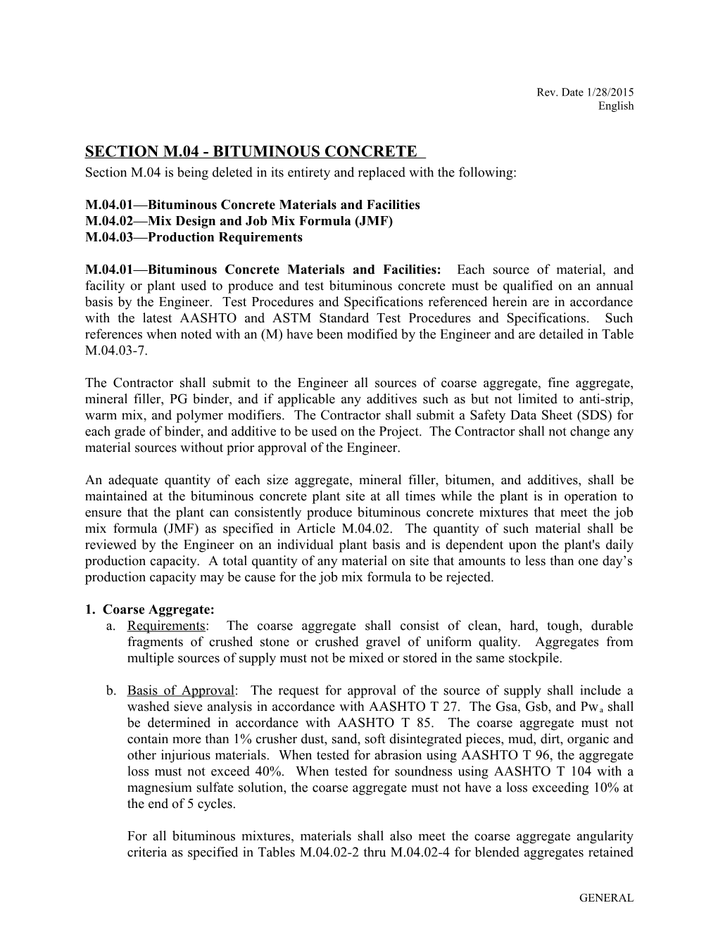 M.04.01 Bituminous Concrete Materials and Facilities