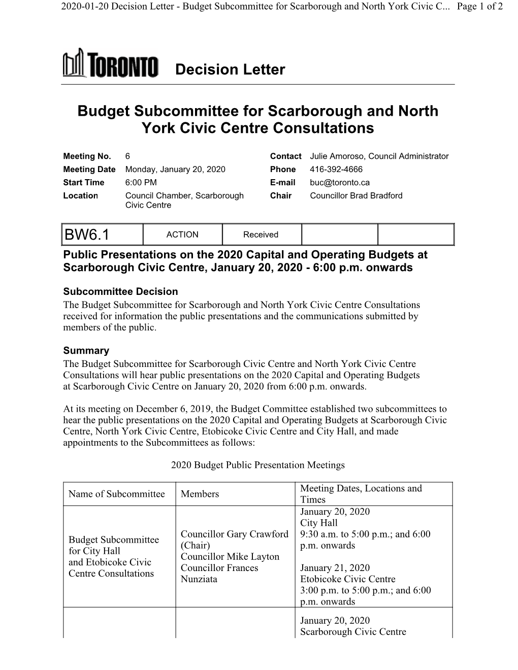 Decision Letter Budget Subcommittee for Scarborough and North York Civic Centre Consultations