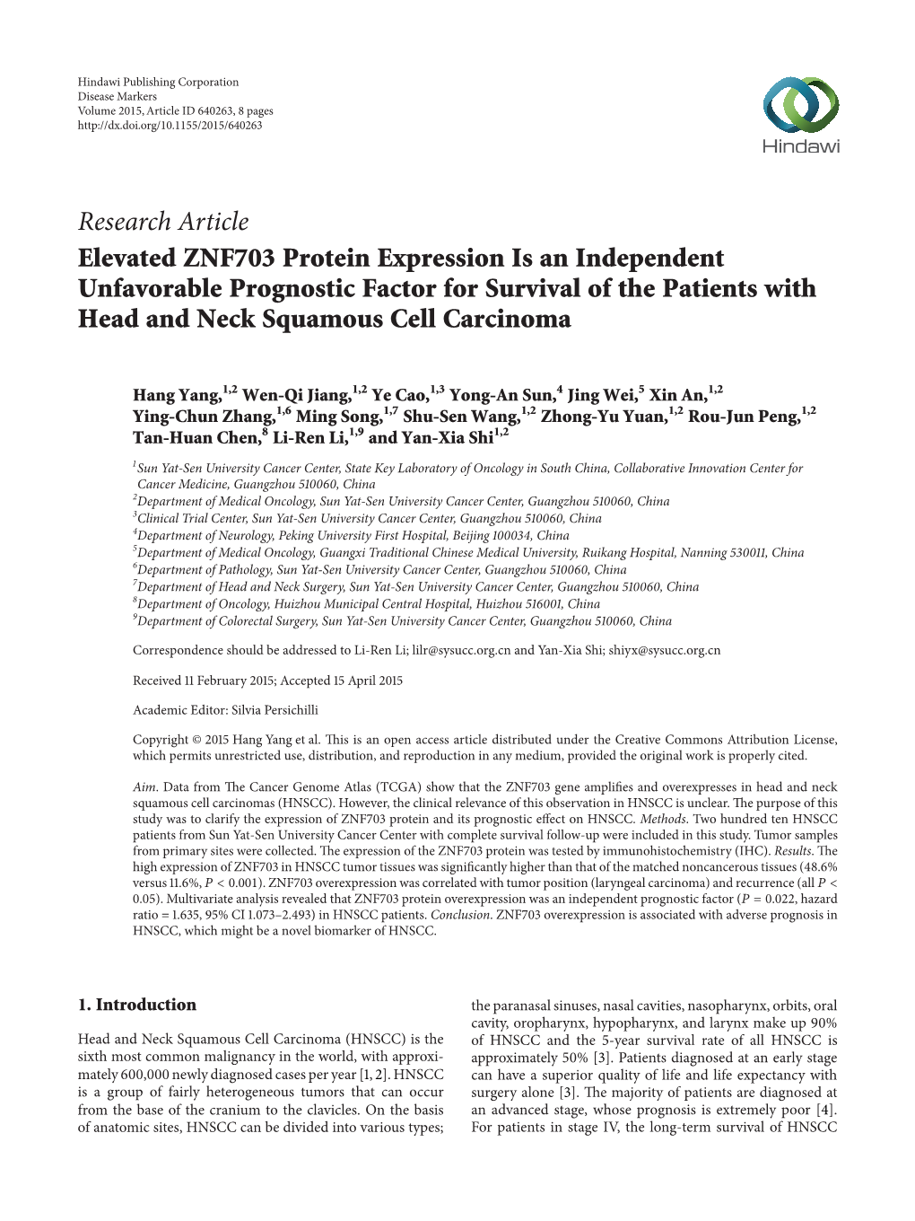 Elevated ZNF703 Protein Expression Is an Independent Unfavorable Prognostic Factor for Survival of the Patients with Head and Neck Squamous Cell Carcinoma