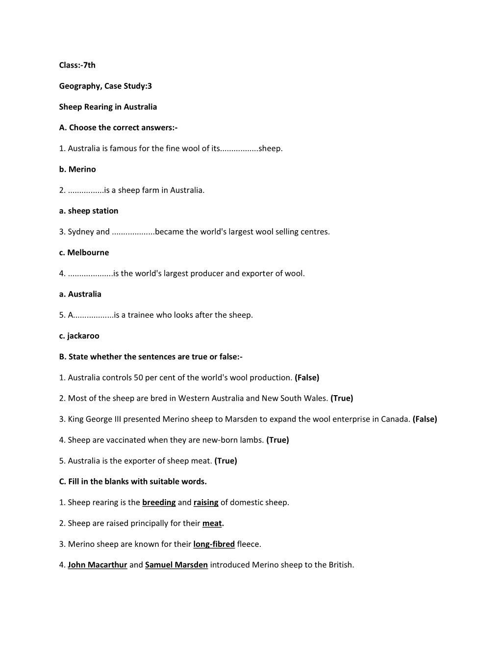 7Th Geography, Case Study:3 Sheep Rearing in Australia A. Choose The