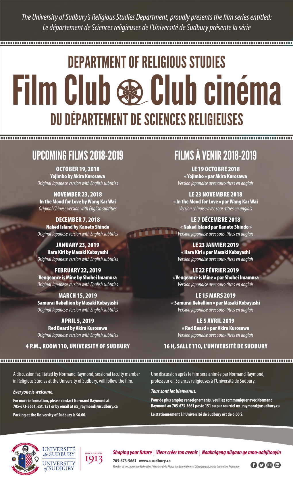 DEPARTMENT of RELIGIOUS STUDIES Film Club Club Cinéma DU DÉPARTEMENT DE SCIENCES RELIGIEUSES