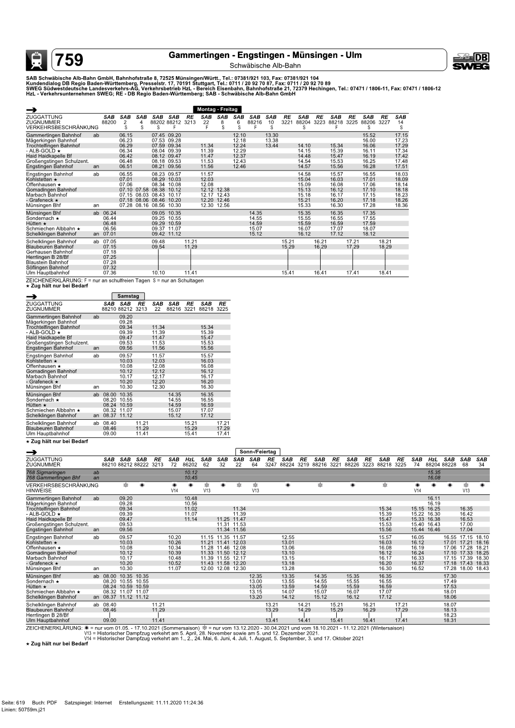 Gammertingen - Engstingen - Münsingen - Ulm 759 Schwäbische Alb-Bahn