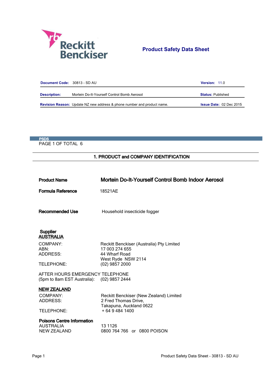 Product Safety Data Sheet