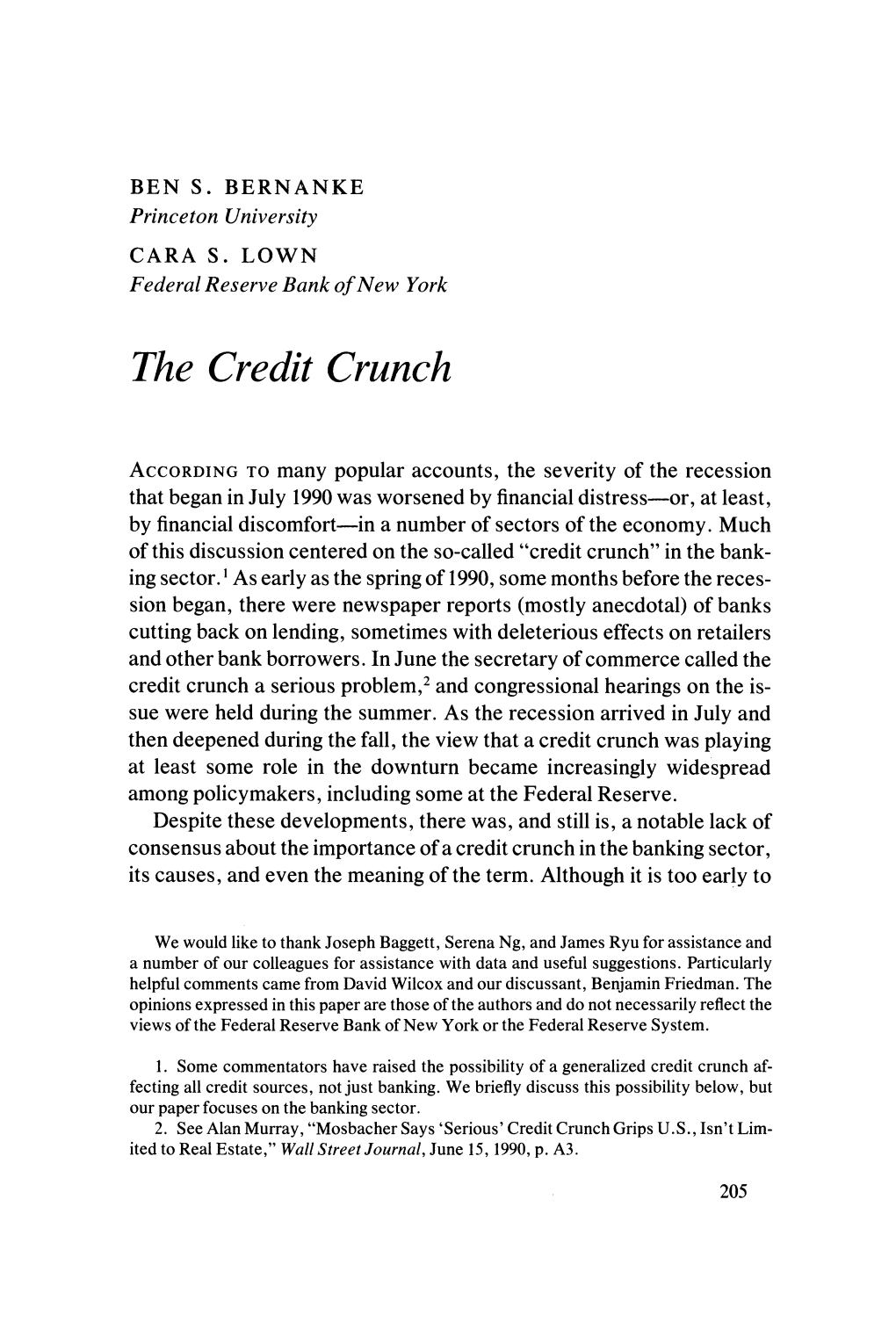 The Credit Crunch (Brookings Papers on Economic Activity, 1991, No. 2)