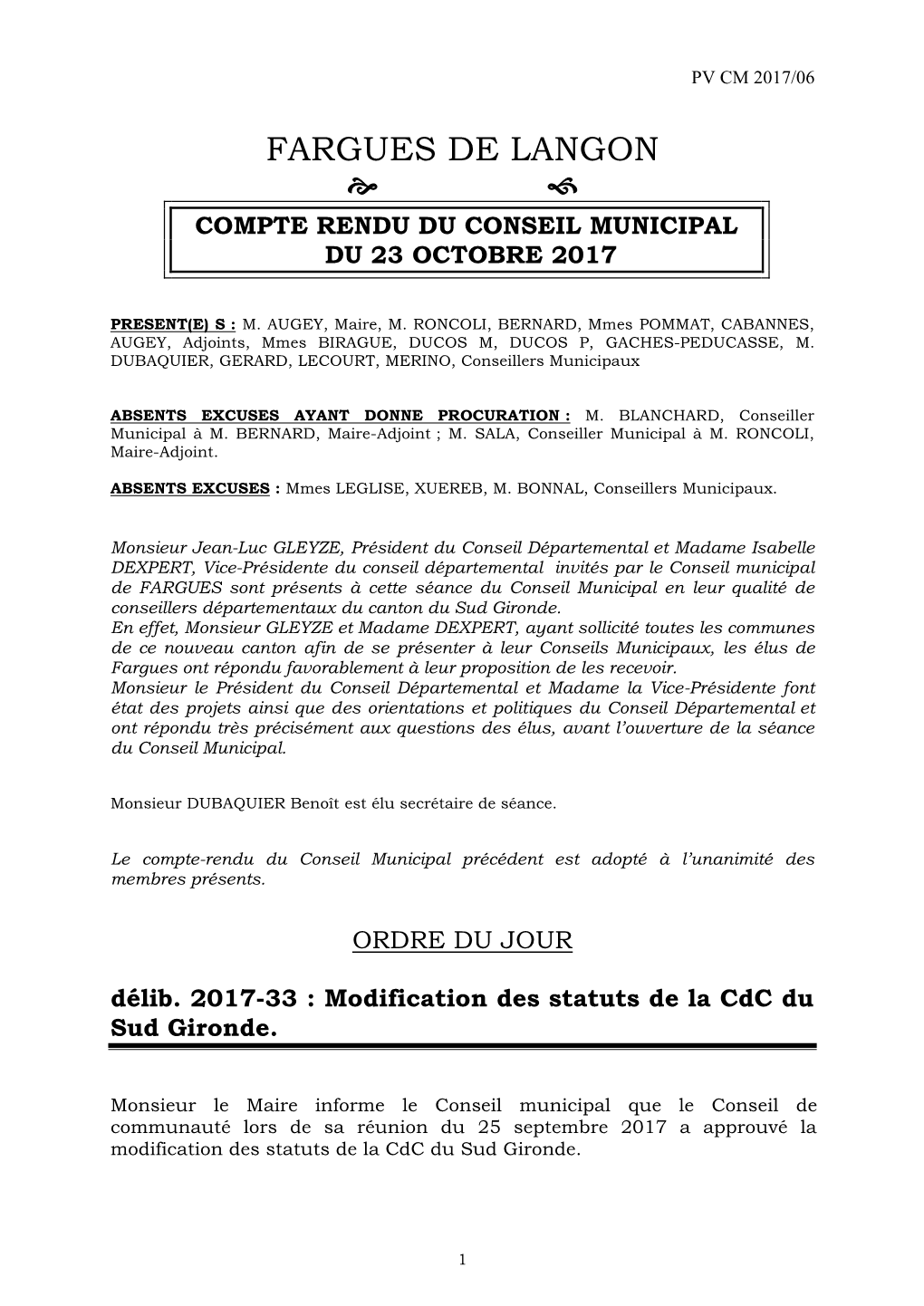 Compte Rendu Du Conseil Municipal Du 23 Octobre 2017