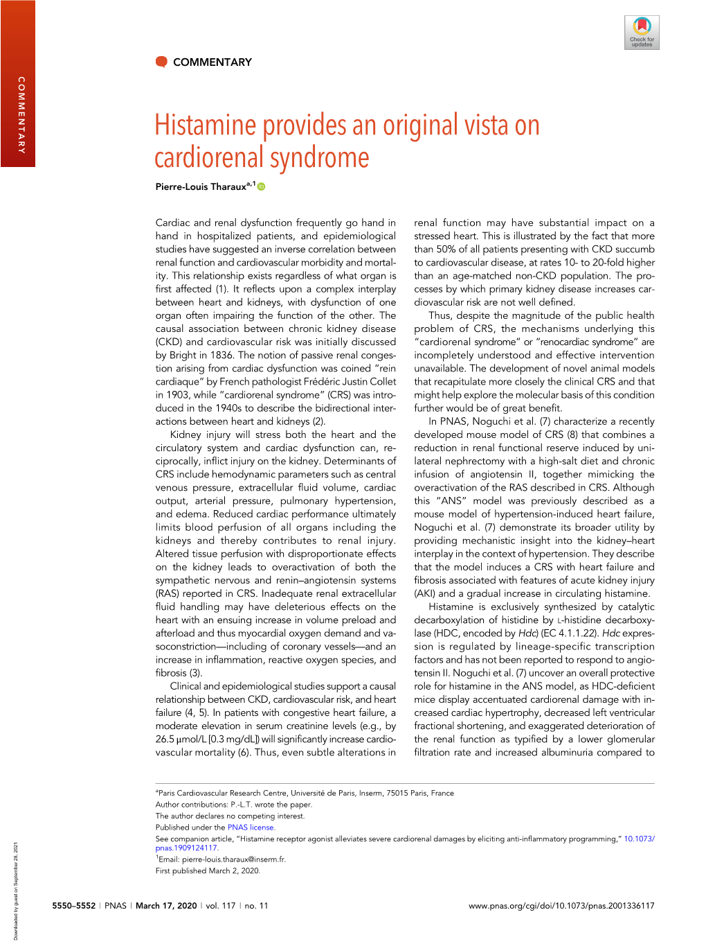 Histamine Provides an Original Vista on Cardiorenal Syndrome Pierre-Louis Tharauxa,1