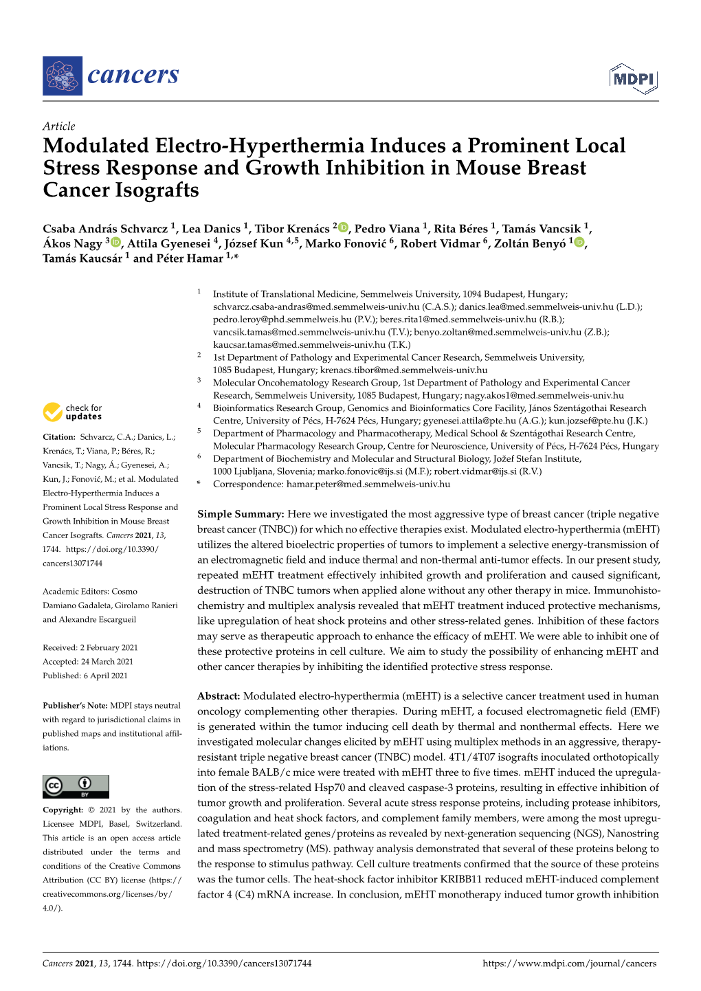 Modulated Electro-Hyperthermia Induces a Prominent Local Stress Response and Growth Inhibition in Mouse Breast Cancer Isografts