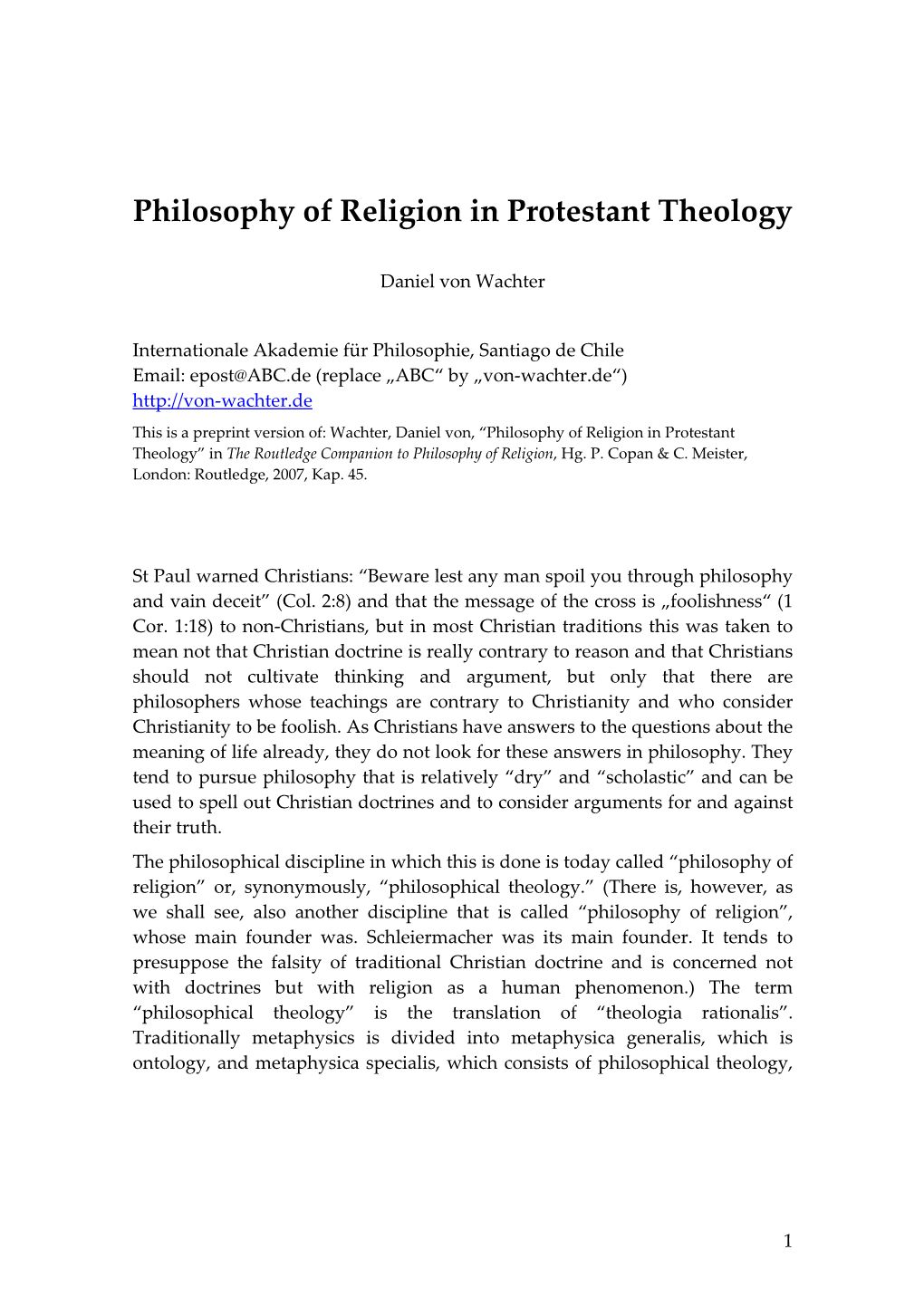 Philosophy of Religion in Protestant Theology