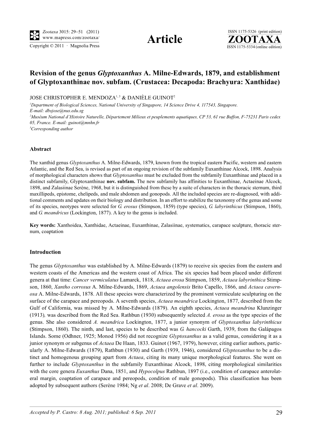Revision of the Genus Glyptoxanthus A. Milne-Edwards, 1879, and Establishment of Glyptoxanthinae Nov
