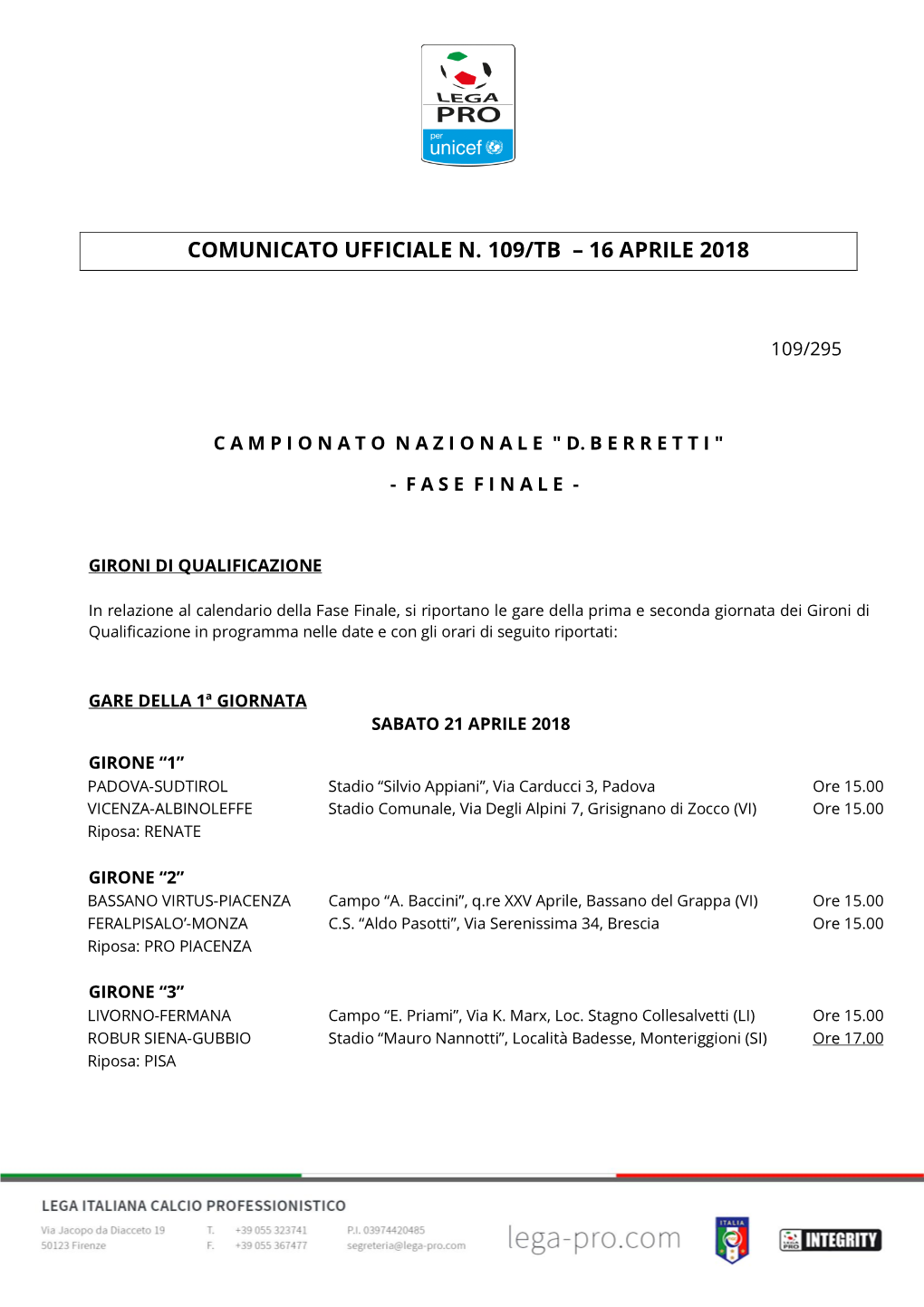 Comunicato Ufficiale N. 109/Tb – 16 Aprile 2018