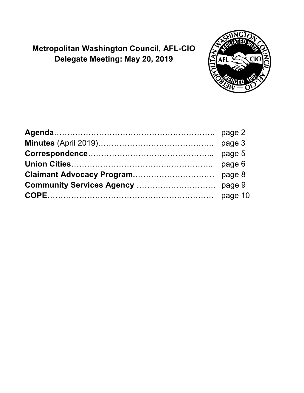 Metropolitan Washington Council, AFL-CIO Delegate Meeting: May 20, 2019